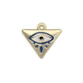 Detailed macro view of golden triangular evil eye charm with blue enamel for DIY jewelry - Triangle Evil Eye
