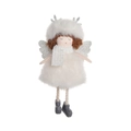 White plush Christmas angel ornament with silver antlers and soft faux fur coat - White Plaid Scarf Plush Angel