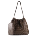 Dark brown leather woven tote bag with metallic chain strap and matching small pouch - Coffee