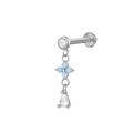 Silver piercing stud with clear zircon flower and light blue drop pendant - Silver Flower Drip
