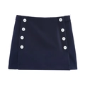Deep blue denim mini skirt featuring contrast white double-breasted buttons on a flat lay - S / Bottoms / Black