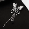 Gothic silver butterfly brooch with black gemstone and fringe chains on dark backdrop - Hollow Butterfly Chain Brooch (Z-619)