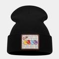 Detailed close-up of a black knit beanie featuring a colorful macaron cake embroidery patch - Style 2-Colorful Macarons