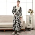 Men's thick flannel bathrobe in navy blue with white floral print and cozy fleece collar - Navy Black Men