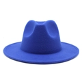 Close-up of a royal blue wide brim felt fedora hat featuring a classic indented crown design - M (56-58cm) / Sapphire Blue
