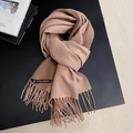 Elegant camel double-sided cashmere-feel scarf with tassels and brand label - 200*70cm / Mocha + Smoke Gray