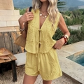 Women's summer two-piece vacation set in yellow featuring an embroidered V-neck tie-up vest - S / Yellow
