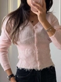 Pink V-neck knit cardigan with elegant lace hem and matching buttons for women - S / Pink