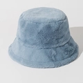 Detail showing the fluffy texture and soft light blue faux fur of the warm bucket hat - One Size / Blue Gray