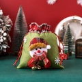 Green linen Christmas gift bag featuring a 3D snowman with red plaid hat and bells - Small Square Bag with Bells - Christmas Snowman