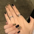 Black press-on nails set with gold glitter and glossy finish for professional manicure - Tool Kit Type (GN037)