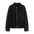 Black faux suede flight jacket with lapel collar and front zipper closure for women - XS / Black
