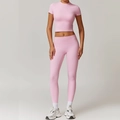 Pink high-waist yoga set with crop top and leggings for fitness and running workouts - S / Top And Bottom / Short Sleeve + Leggings / Sakura Pink
