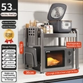 Extendable 2-tier kitchen microwave rack in gun grey with tool holders and hooks - Fixed 53CM Luxury Full Set - Gunmetal Grey