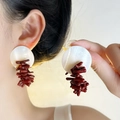 Elegant shell earrings with a white circular stud and deep red coral tassel pendants - Red Beaded Style / Burgundy