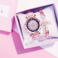 Rose gold quartz watch and star bracelet set in a premium pink gift box detail - Floral Watch + Bracelet Set / Pink