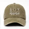 Detailed view of BOY mama embroidery on vintage washed cotton baseball cap texture - Adjustable / Khaki