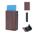 Brown PU leather RFID blocking card holder with automatic pop-up mechanism for men - Coffee