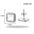 Square silver stainless steel stud earrings with white enamel inlay and tiered metal frame - Silver Square Mother of Pearl