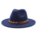 Chapeau fedora classique en laine bleu marine avec ruban en cuir à clous et bord large - M (56-58cm) / Bleu marine