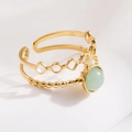 Double-layered 18K gold plated steel ring with round green gemstone and open band design - R01030-Gold Double-layer Green Jade