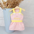 Detail of pink plaid pet dress featuring yellow straps and BABY embroidery with D-ring - XS / Pink White Plaid / Pink
