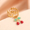 Adjustable gold stainless steel ring with leaf pattern and red cherry charm pendant - Intertwined Leaves Style (J-20010)