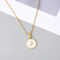 18K gold plated stainless steel necklace featuring a round white shell pendant with letter J - Letter J Style / Gold