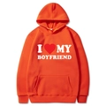 Orange oversized hoodie featuring white I Love My Boyfriend print and kangaroo pocket - S / Tops / Orange (I ❤️ MY BOYFRIEND)