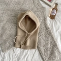 Knitted khaki balaclava hooded scarf with drawstring design on white fabric - One Size (55-60cm) / Beige
