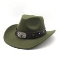 Detail of dark green western cowboy hat with leather band and silver bull head buckle - M(56-58cm) / Army Green