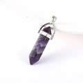 Natural amethyst hexagonal column pendant with a silver metal clasp on white background - Amethyst