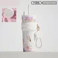 710ml white straw tumbler with pink flower patterns and ceramic interior coating - Gold Stamping White Ceramic