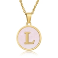 Golden necklace with round pink shell pendant featuring an engraved letter L charm - Gold L (With Chain)