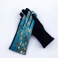 Women's black suede gloves featuring artistic Van Gogh style almond blossom print - One Size / Pattern 14 (Almond Blossoms)