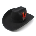 Klassischer schwarzer Cowboyhut aus Wollfilz mit Federn und Band aus einem 45-Grad-Winkel - M (56-59cm) / Schwarzer Hutkörper + Schwarze Schleife