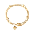 Gold stainless steel double layer bracelet with heart pendant and OT toggle clasp closure - 17cm / Gold