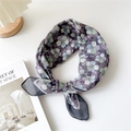 Floral cotton linen square scarf with purple and blue flowers and black stitched edges - 24 Cotton - Five-Color Flower Grey