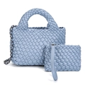 Handgewebte hellblaue Ledertasche im Set mit Mini-Beutel und Metall-Kettenriemen - Himmelblau