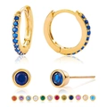 Detailed set of gold hoop earrings and studs featuring 12 vibrant colored zircon stones - Hoop and Stud Set / Gold-114#