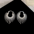 Detailed view of silver sunburst pattern hoop earrings on premium black velvet background - 39# Silver Sunburst Radiating Ripple Ear Cuff
