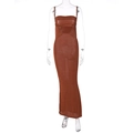 Front view of a brown backless bodycon dress in translucent micro-gloss knit fabric - S / Brown