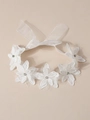 Elegant white lace flower baby headband with sparkling rhinestones and chiffon ribbons - 5 Rhinestone Flowers White