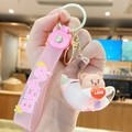 Pink cartoon bear keychain with moon pendant and liquid glitter sand floating strap - Moon Bear - White