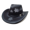 Detail of black felt cowboy hat featuring silver vintage buckle and grey star pattern - Black