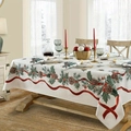 Detailed Christmas tablecloth fabric with holly leaves, red berries, and pine cone patterns - Zb695-12
