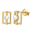 Golden geometric rectangle earrings with white freshwater pearl and S925 silver - Golden Geometric Rectangle Pearl Studs (GPE31)