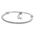 Silver snake chain bracelet with adjustable sliding buckle and round pendants - Silver