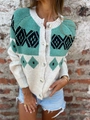 Close-up of geometric jacquard pattern and marble texture buttons on knit cardigan - S / Tops / Lake Blue
