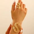Adjustable golden geometric cutout bangle and ring jewelry set for women - S-Shaped Geometric Open Bracelet + Ring (M-566+7503) / Gold